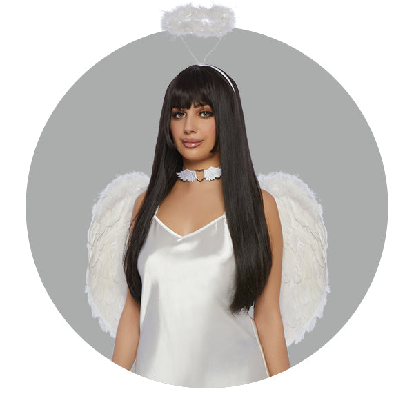 Ailes plumes d'ange avec serre-tête halo et baguette - Halloween