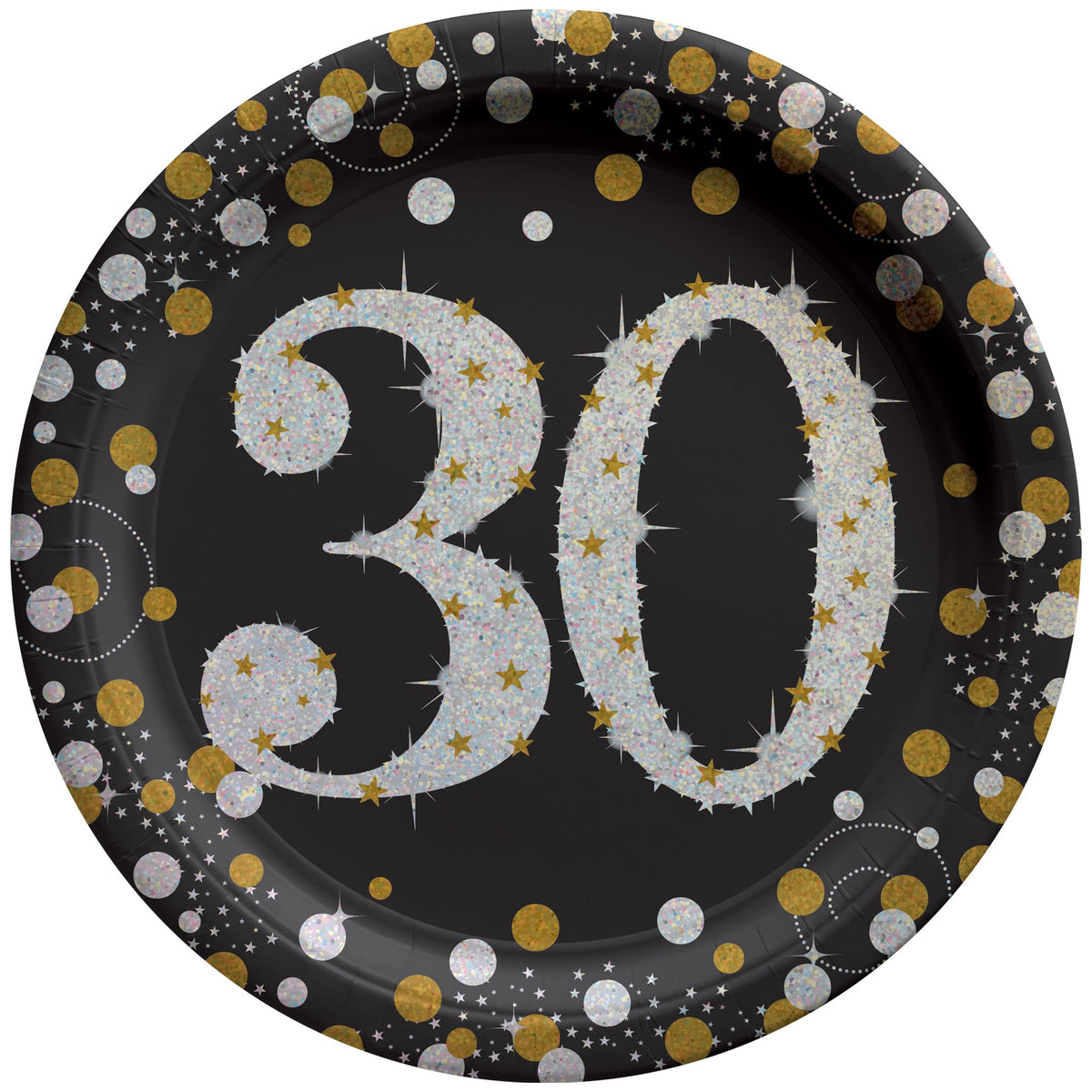 AMSCAN CA Age Specific Birthday 30th Sparkling Celeb Large Round Lunch Paper Plates, 9 Inches, 8 Count 192937491751