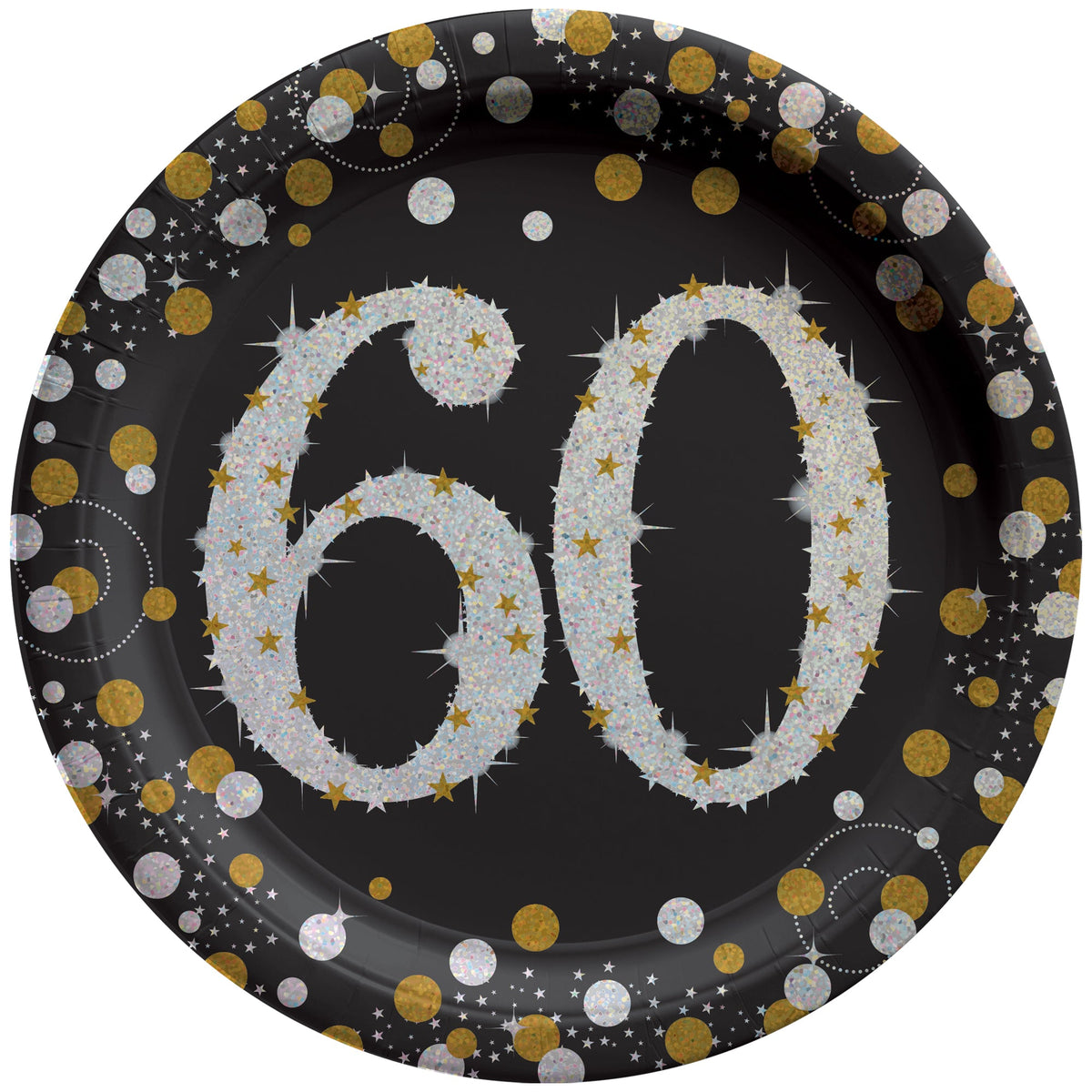 AMSCAN CA Age Specific Birthday 60th Sparkling Celeb Large Round Lunch Paper Plates, 9 Inches, 8 Count 192937490808