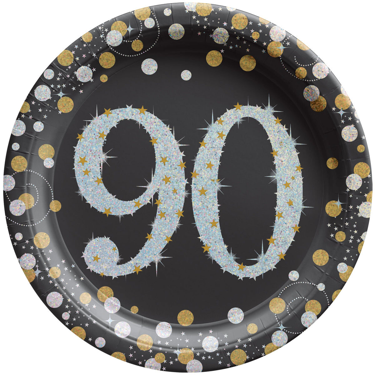 AMSCAN CA Age Specific Birthday 90th Sparkling Celeb Small Round Dessert Paper Plates, 7 Inches, 8 Count 192937477892