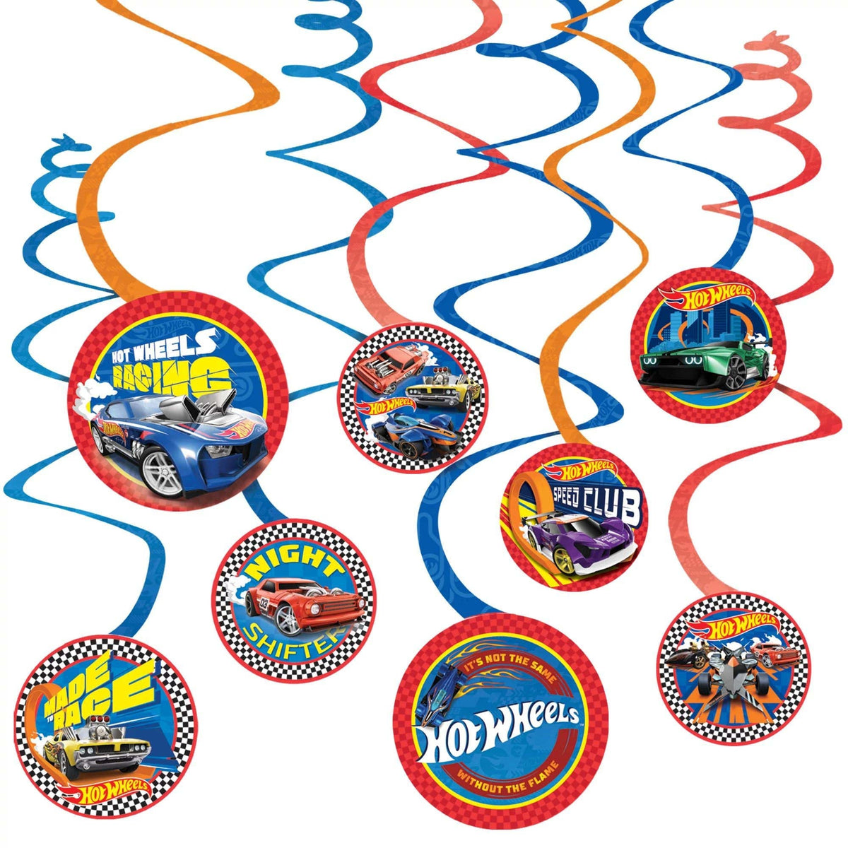 AMSCAN CA Kids Birthday Hot Wheels Birthday Spiral Decoration Kit with Cutouts, 12 Count