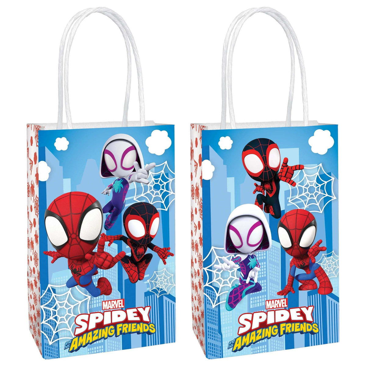 AMSCAN CA Kids Birthday Marvel Spidey and His Amazing Friends Printed Kraft Favour Paper Bags, 8 Count 192937343098