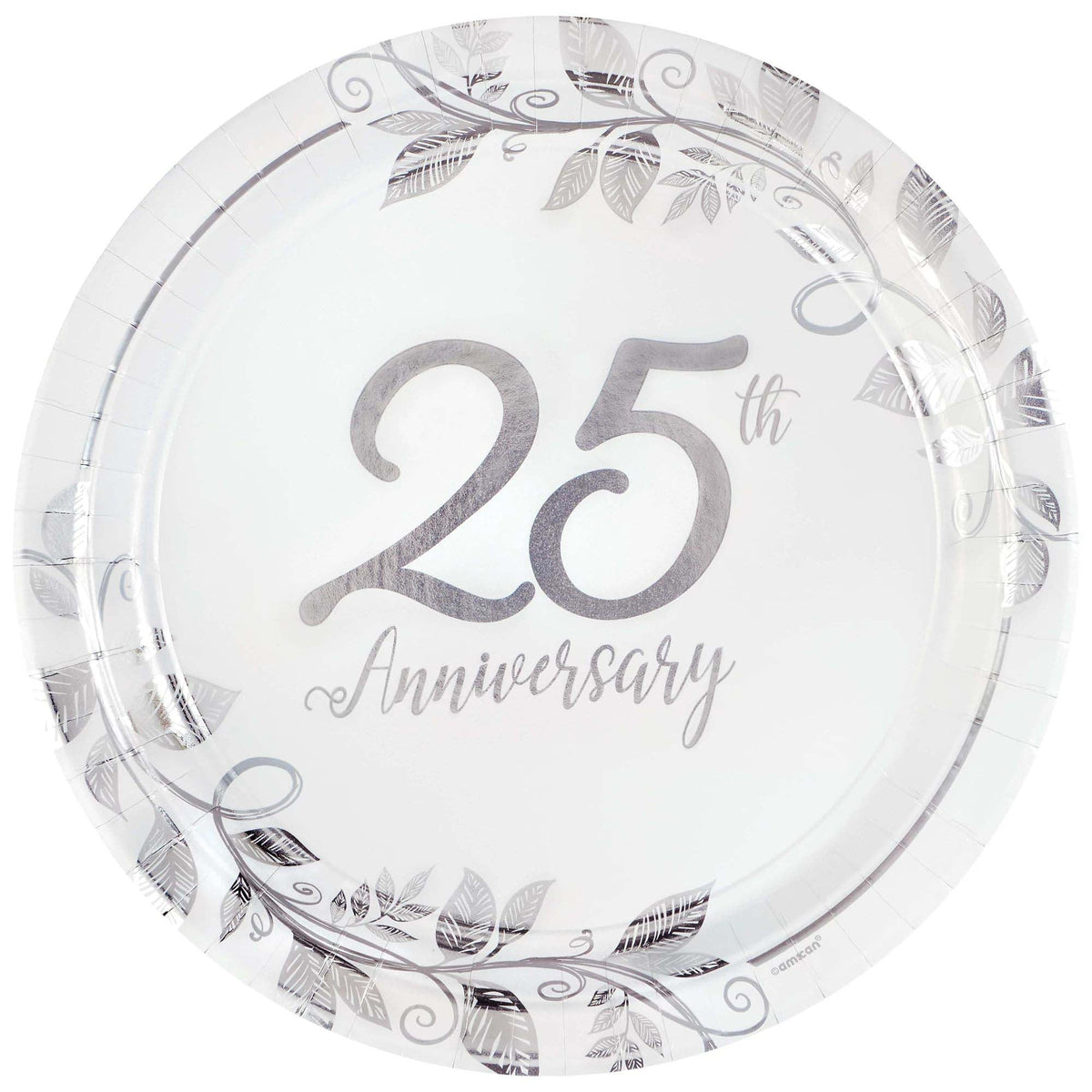 AMSCAN CA Wedding Anniversary Happy 25th Anniversary Silver Large Round Lunch Paper Plates, 10 Inches, 8 Count