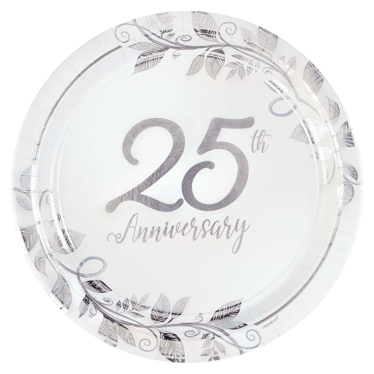 AMSCAN CA Wedding Anniversary Happy 25th Anniversary Silver Small Round Dessert Paper Plates, 7 Inches, 8 Count