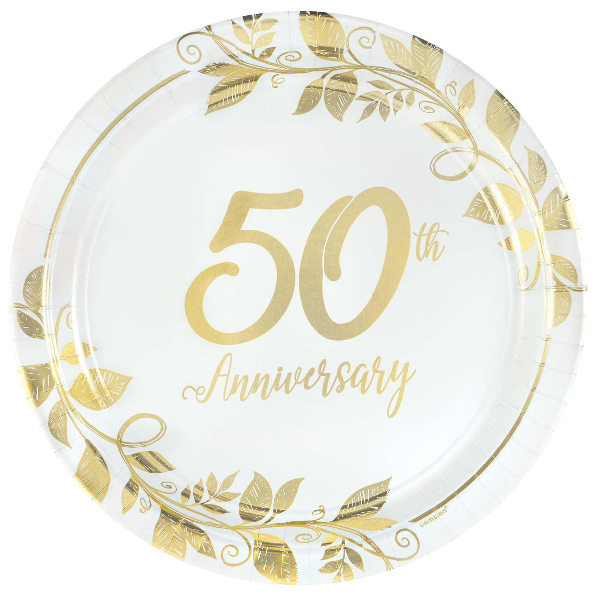 AMSCAN CA Wedding Anniversary Happy 50th Anniversary Gold Large Round Lunch Paper Plates, 10 Inches, 8 Count