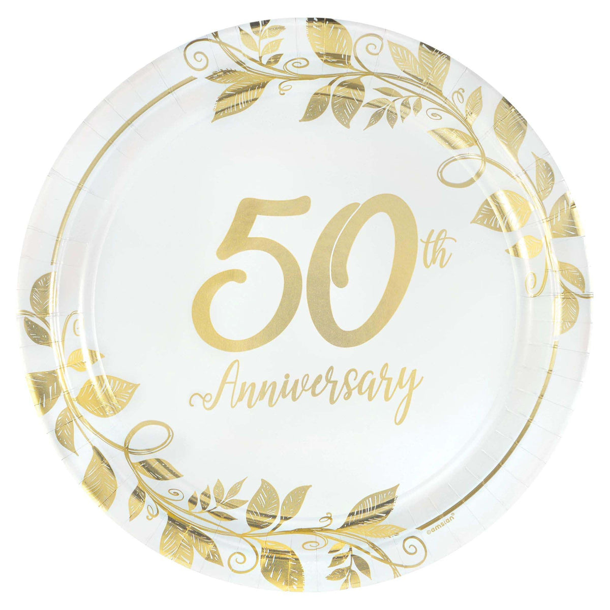 AMSCAN CA Wedding Anniversary Happy 50th Anniversary Gold Small Round Dessert Paper Plates, 7 Inches, 8 Count