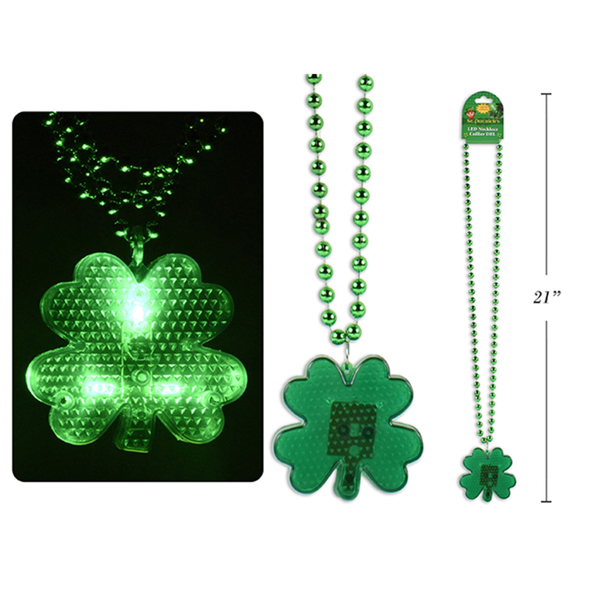 LINK PRODUCT SOLUTIONS St-Patrick St-Patrick's Green Beaded Shamrock LED Necklace, 30 Inches, 1 Count 676844183874