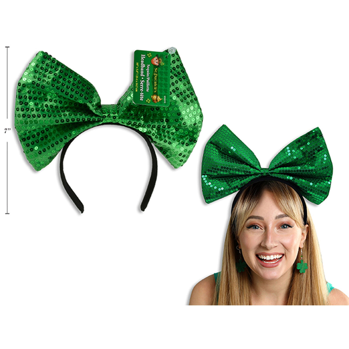 LINK PRODUCT SOLUTIONS St-Patrick St-Patrick's Green Sequin Bow Tie Headband, 1 Count 676844223785