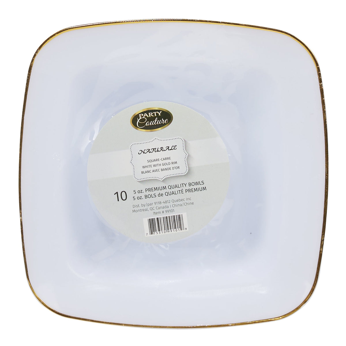 MADISON IMPORTS Disposable-Plasticware White Premium Quality Square Bowls with Gold Rim, 5 oz, 10 Count 775310991019