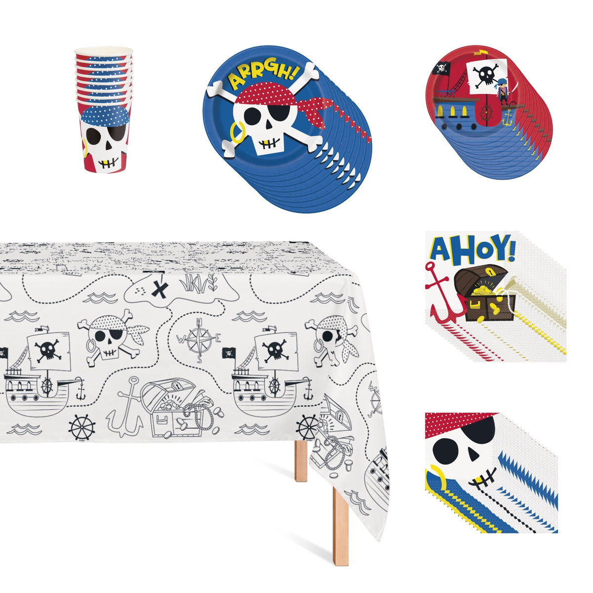 PARTY EXPERT Kids Birthday Ahoy Pirate Basic Tableware Birthday Party Supplies Kit, 8 Guests