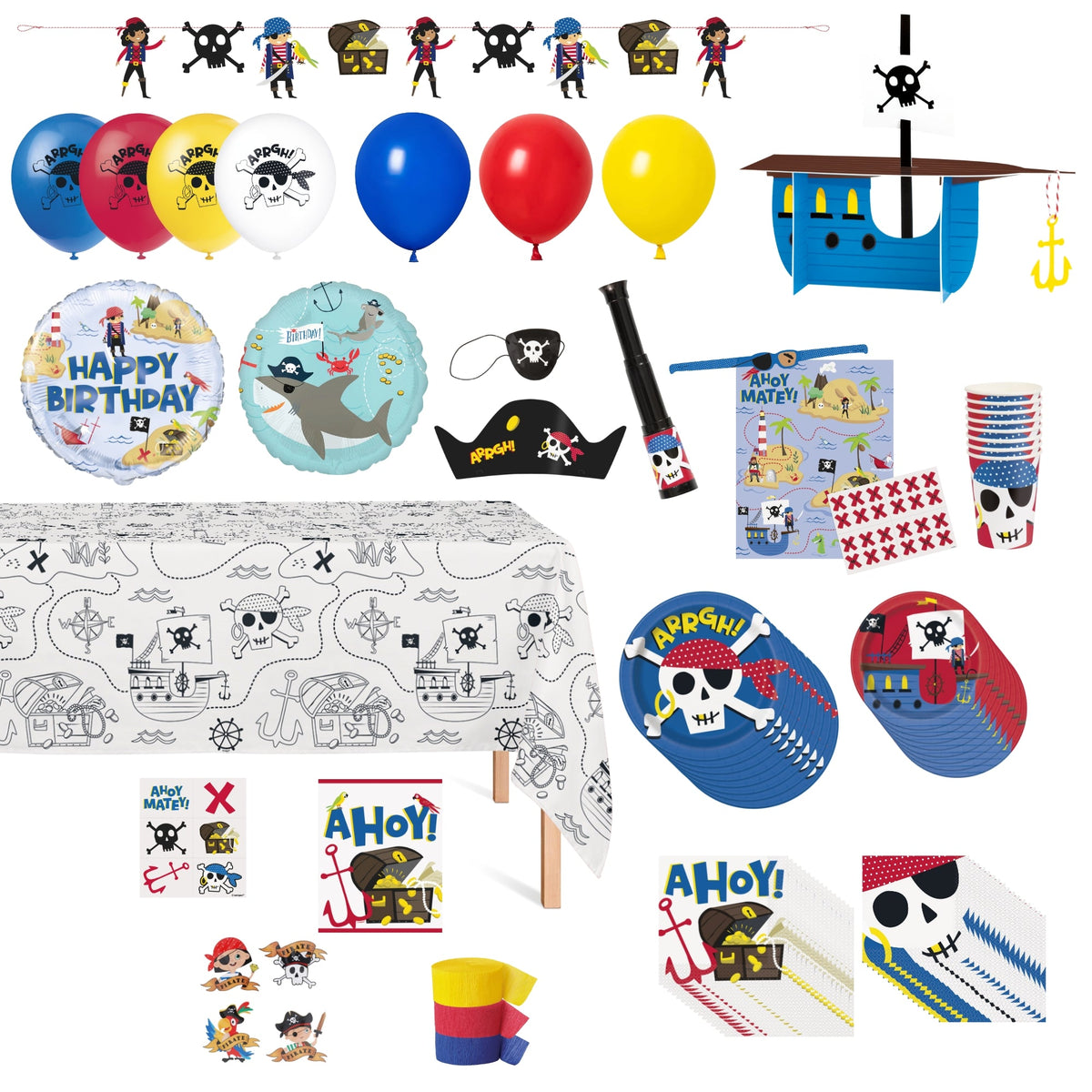 PARTY EXPERT Kids Birthday Ahoy Pirate Ultimate Birthday Party Supplies Kit, 8 Guests