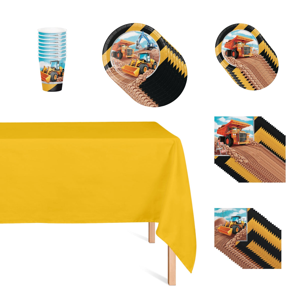 PARTY EXPERT Kids Birthday Big Dig Construction Basic Tableware Birthday Party Supplies Kit, 8 Guests