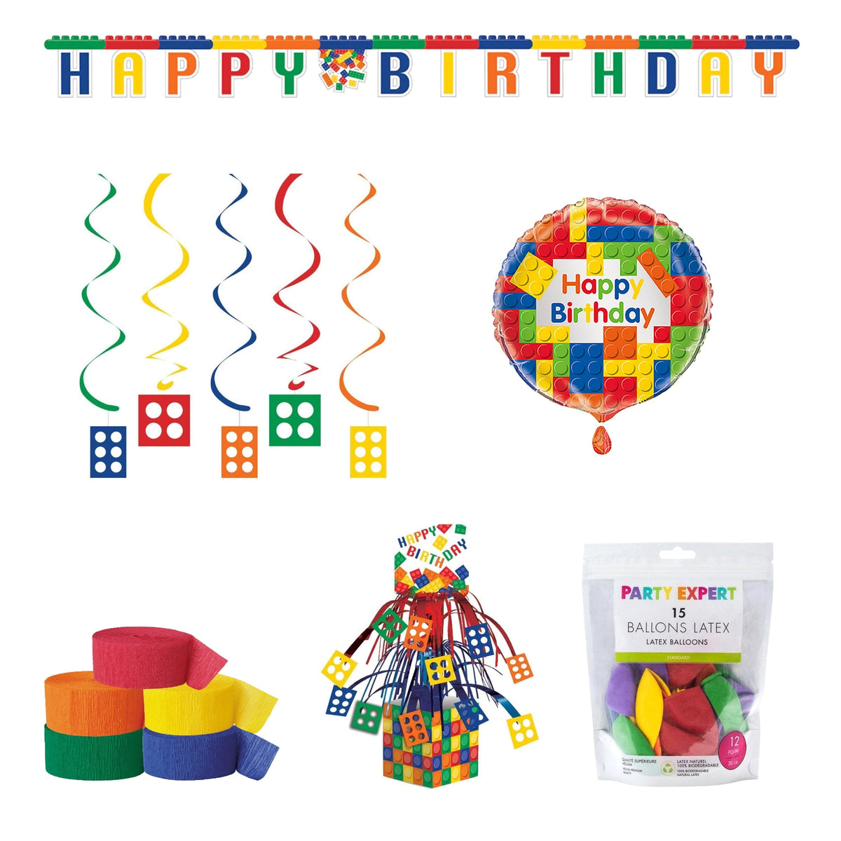 PARTY EXPERT Kids Birthday Block Party Basic Decoration Party Supplies Kit, 8 Guests