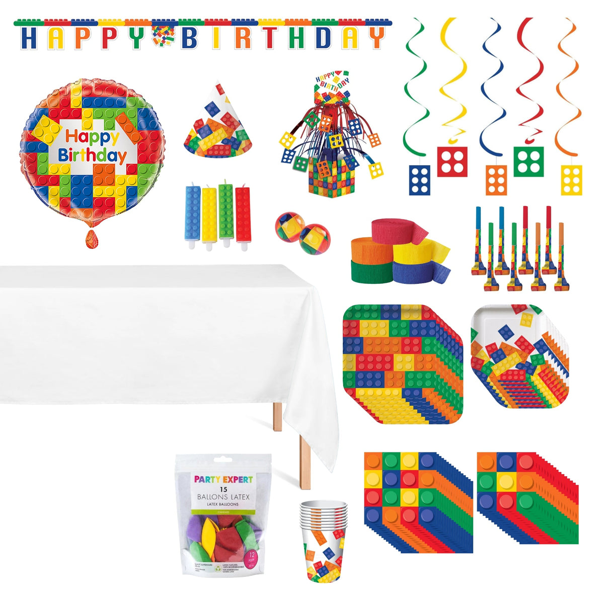 PARTY EXPERT Kids Birthday Block Party Standard Birthday Party Supplies Kit, 8 Guests