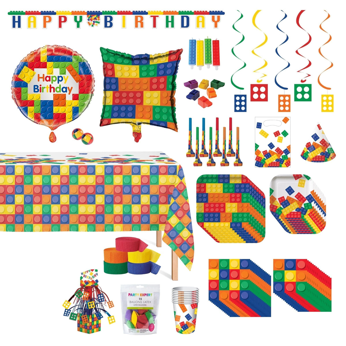 PARTY EXPERT Kids Birthday Block Party Ultimate Birthday Party Supplies Kit, 8 Guests