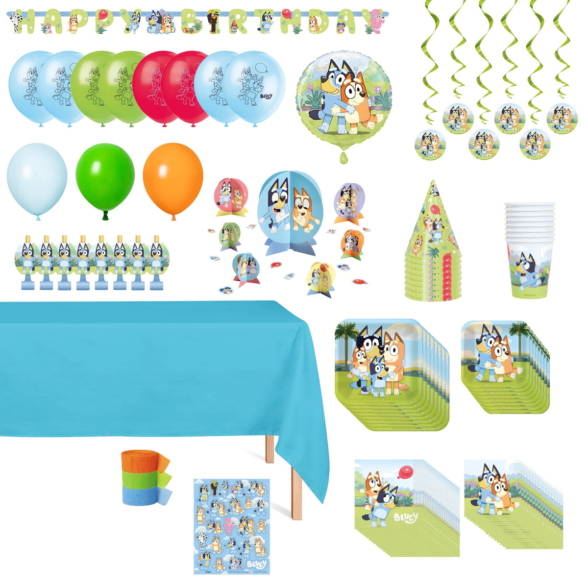 PARTY EXPERT Kids Birthday Bluey Standard Birthday Party Supplies Kit, Square Plates, 8 Guests