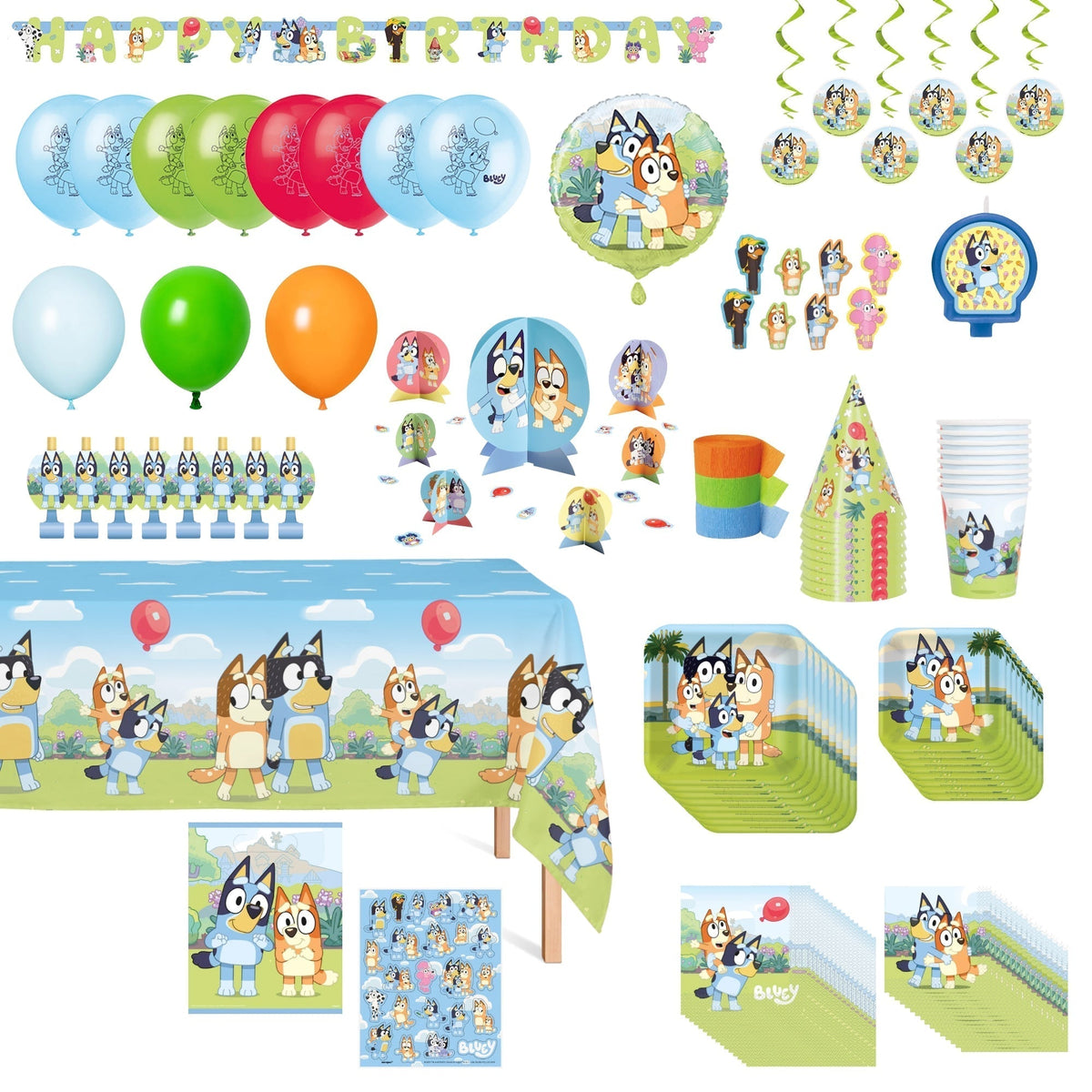 PARTY EXPERT Kids Birthday Bluey Ultimate Birthday Party Supplies Kit, Square Plates, 8 Guests