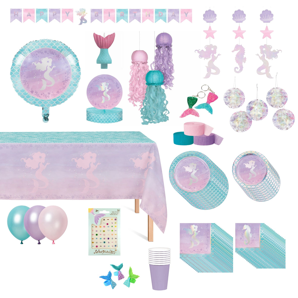 PARTY EXPERT Kids Birthday Mermaid Shine Ultimate Birthday Party Supplies Kit, 8 Guests