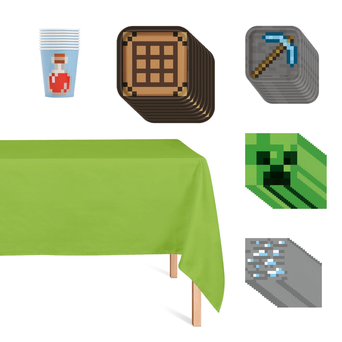 PARTY EXPERT Kids Birthday Minecraft Basic Tableware Birthday Party Supplies Kit, 8 Guests