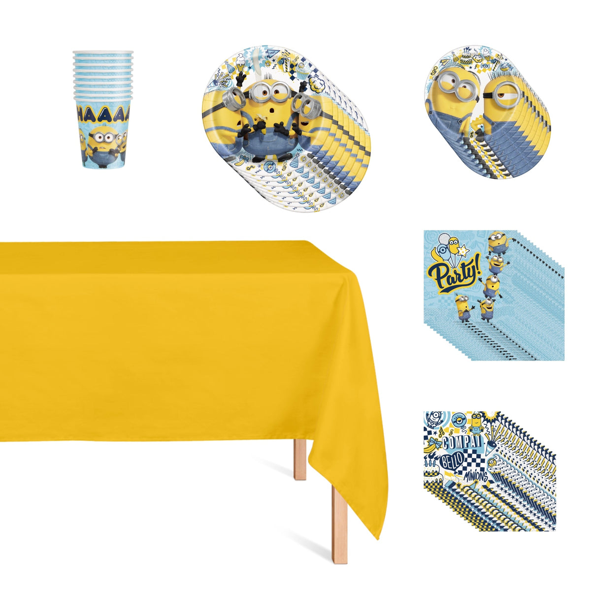 PARTY EXPERT Kids Birthday Minions Basic Tableware Birthday Party Supplies Kit, 8 Guests