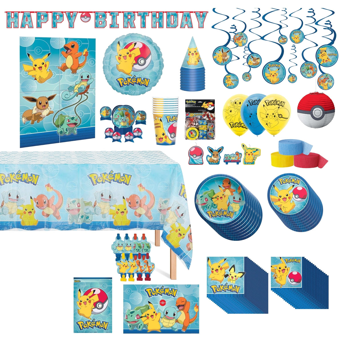 PARTY EXPERT Kids Birthday Pokémon Ultimate Birthday Party Supplies Kit, 8 Guests