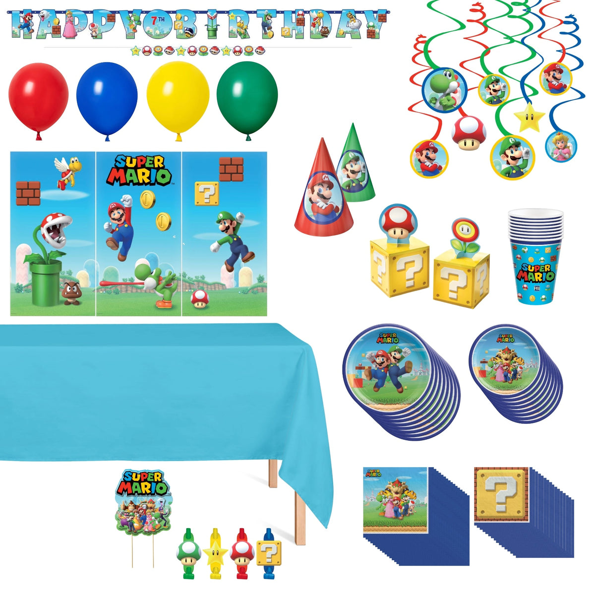 PARTY EXPERT Kids Birthday Super Mario Bros. Standard Birthday Party Supplies Kit, 8 Guests