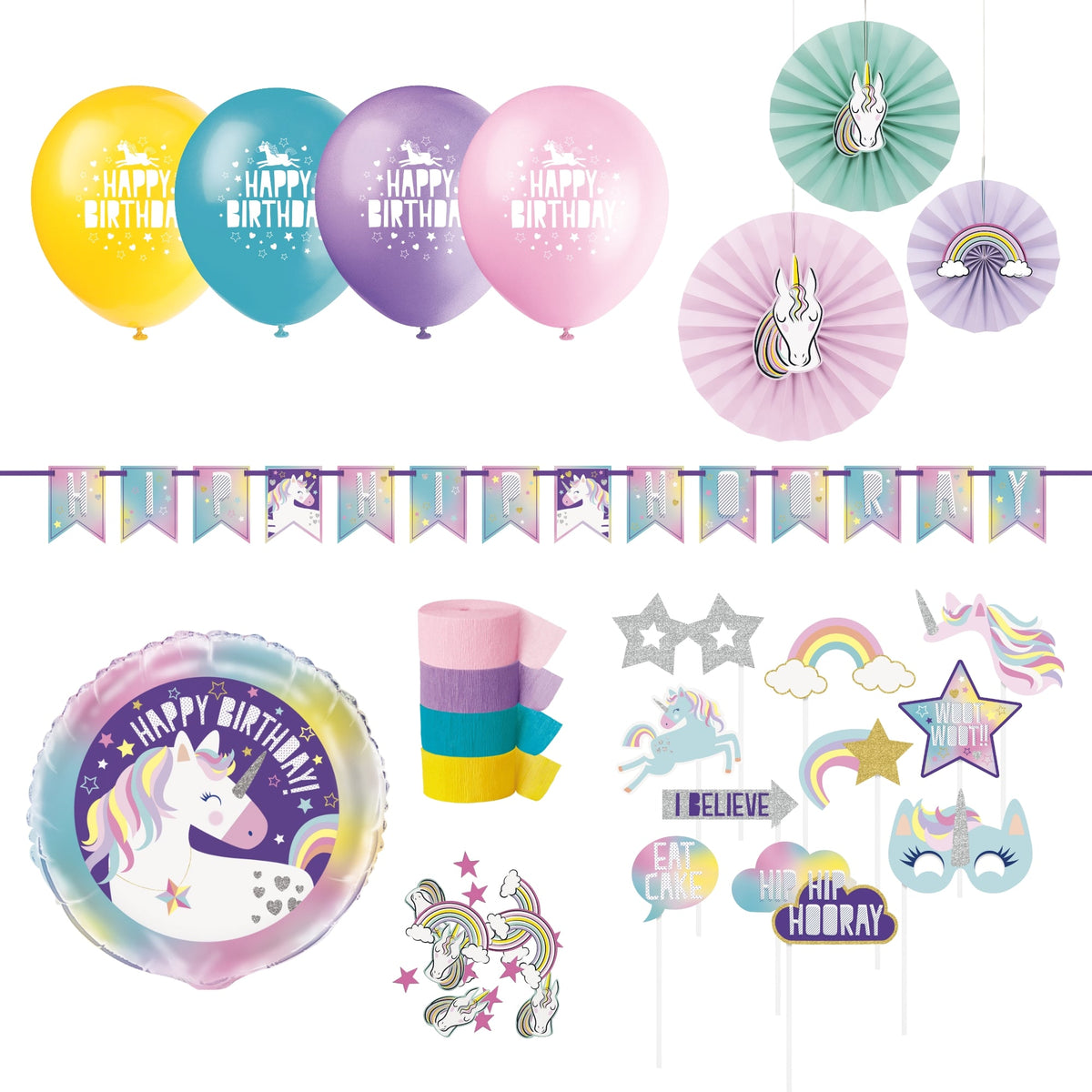 PARTY EXPERT Kids Birthday Unicorn Galaxy Basic Decoration Birthday Party Supplies Kit, 8 Guests