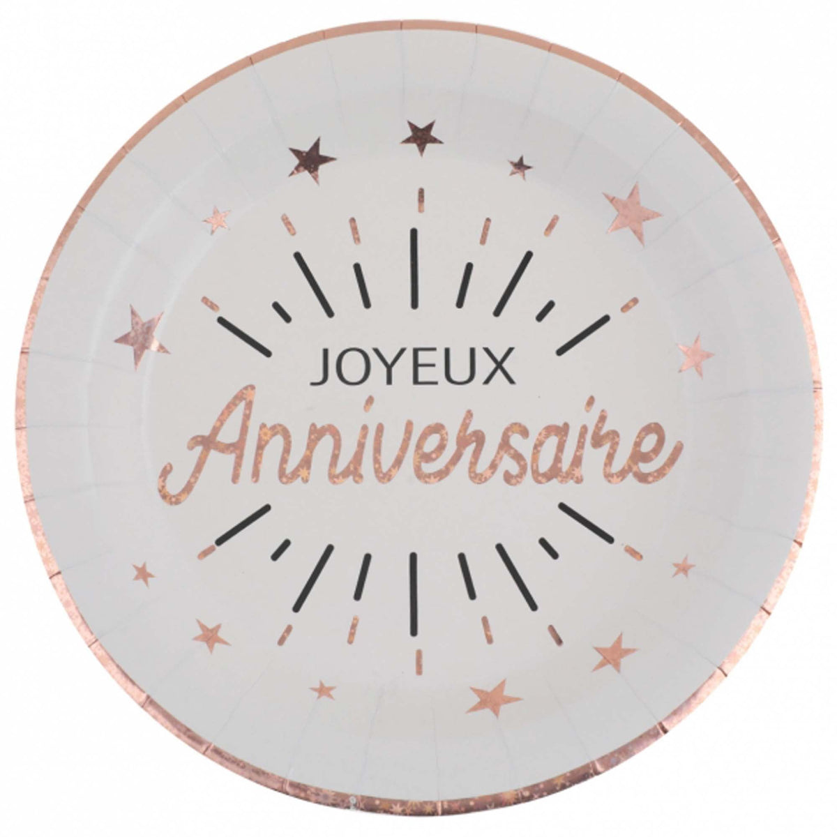 SANTEX General Birthday "Joyeux Anniversaire" Birthday Large Lunch Paper Plates, White and Rose Gold, 9 Inches, 10 Count 3660380076131