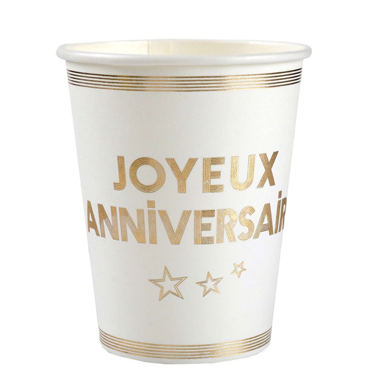 SANTEX General Birthday "Joyeux Anniversaire" Birthday Paper Cups, White and Gold, 9 Oz, 10 Count