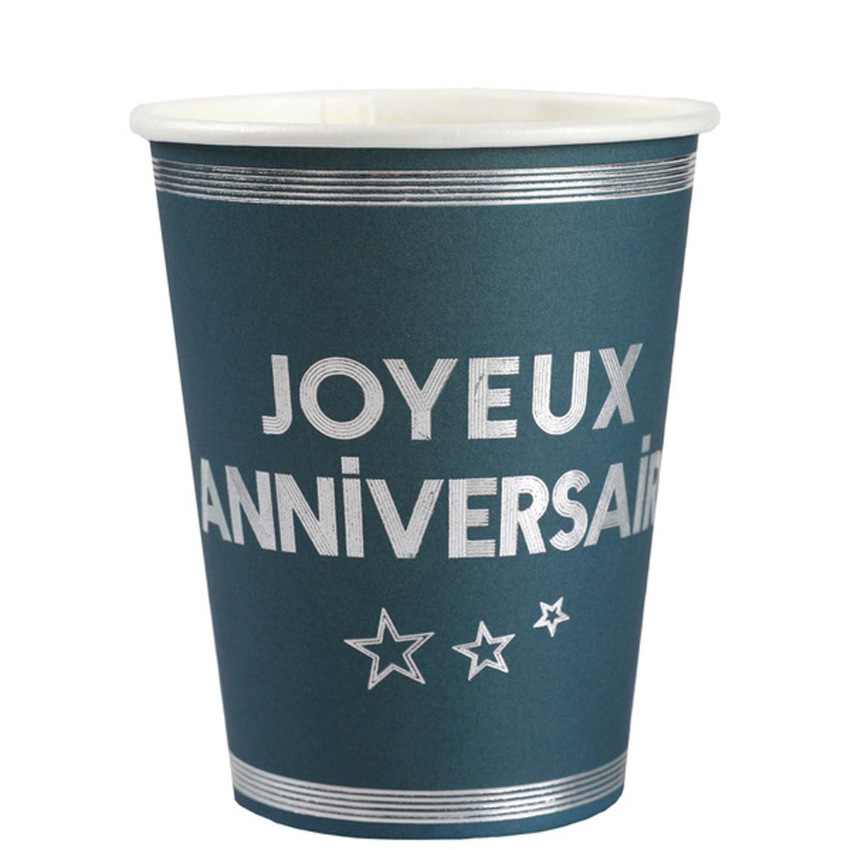 SANTEX General Birthday "Joyeux Anniversaire" Birthday Party Paper Cups, Blue and Silver, 9 Oz, 10 Count