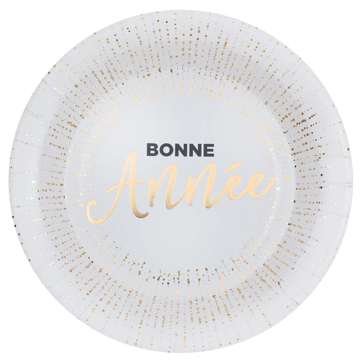 SANTEX New Year "Bonne Année" Large Round Lunch Paper Plates, White and Gold, 9 Inches, 10 Count