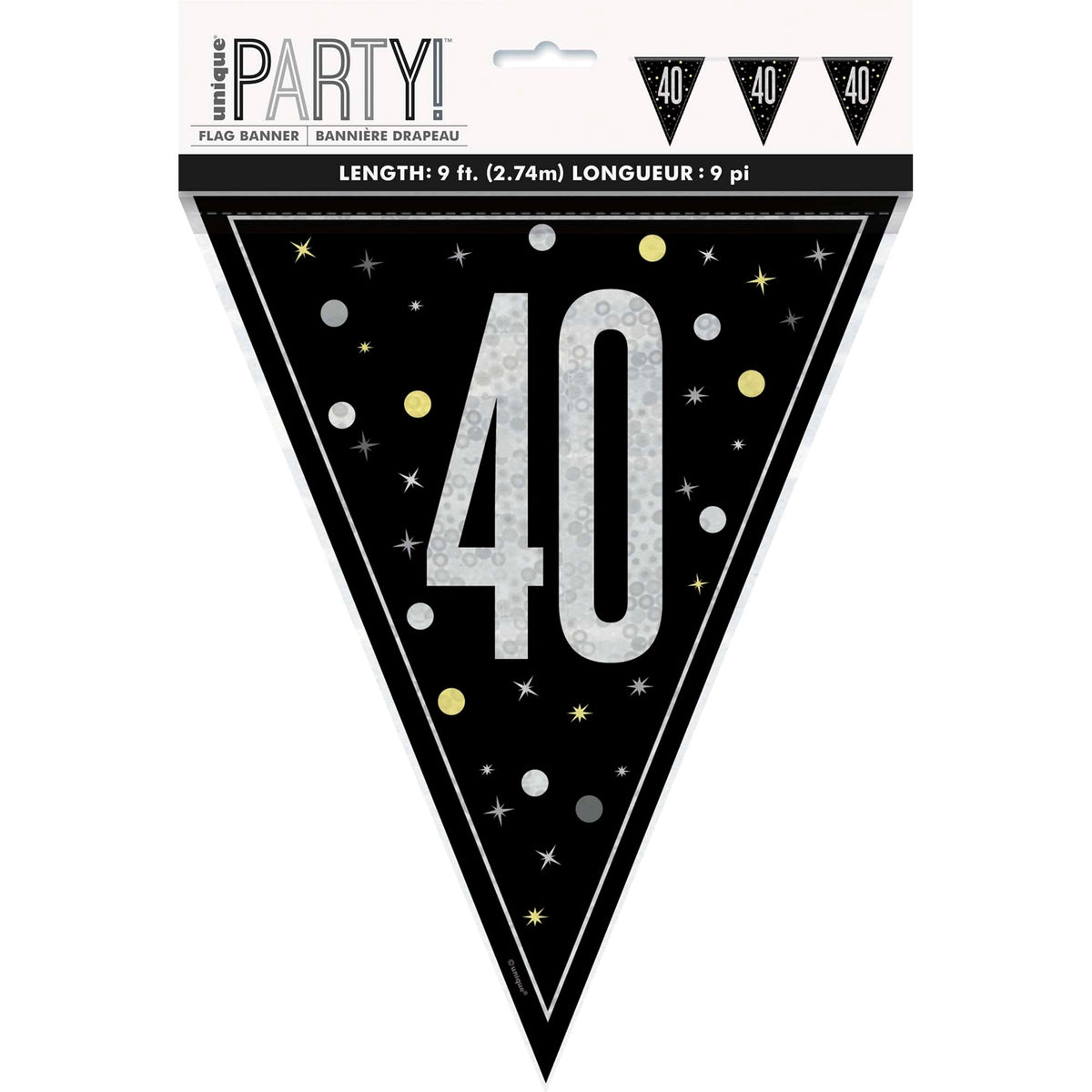 UNIQUE PARTY FAVORS Age Specific Birthday Bonne Fête Black/Silver - Pennant Banner - 40 011179834273