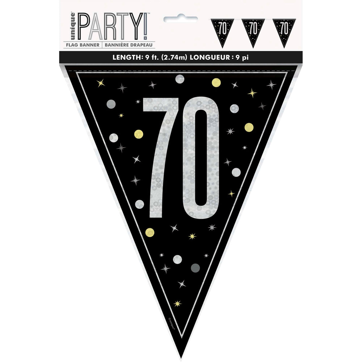 UNIQUE PARTY FAVORS Age Specific Birthday Bonne Fête Black/Silver - Pennant Banner - 70 011179834303