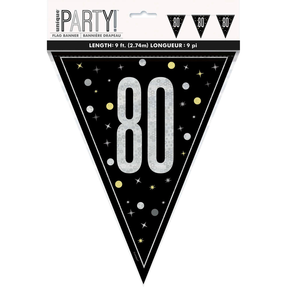 UNIQUE PARTY FAVORS Age Specific Birthday Bonne Fête Black/Silver - Pennant Banner - 80 011179834310