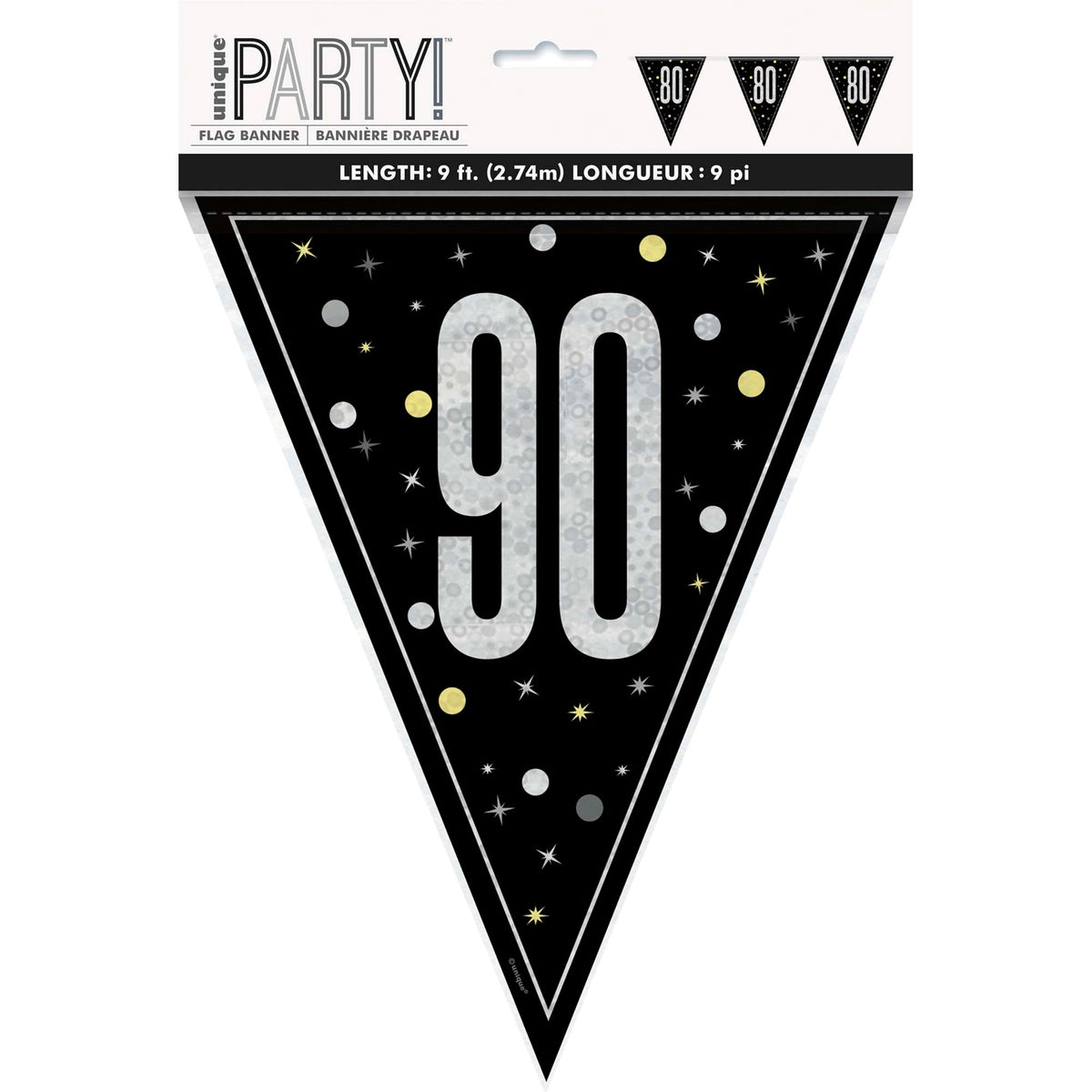 UNIQUE PARTY FAVORS Age Specific Birthday Bonne Fête Black/Silver - Pennant Banner - 90 011179834327