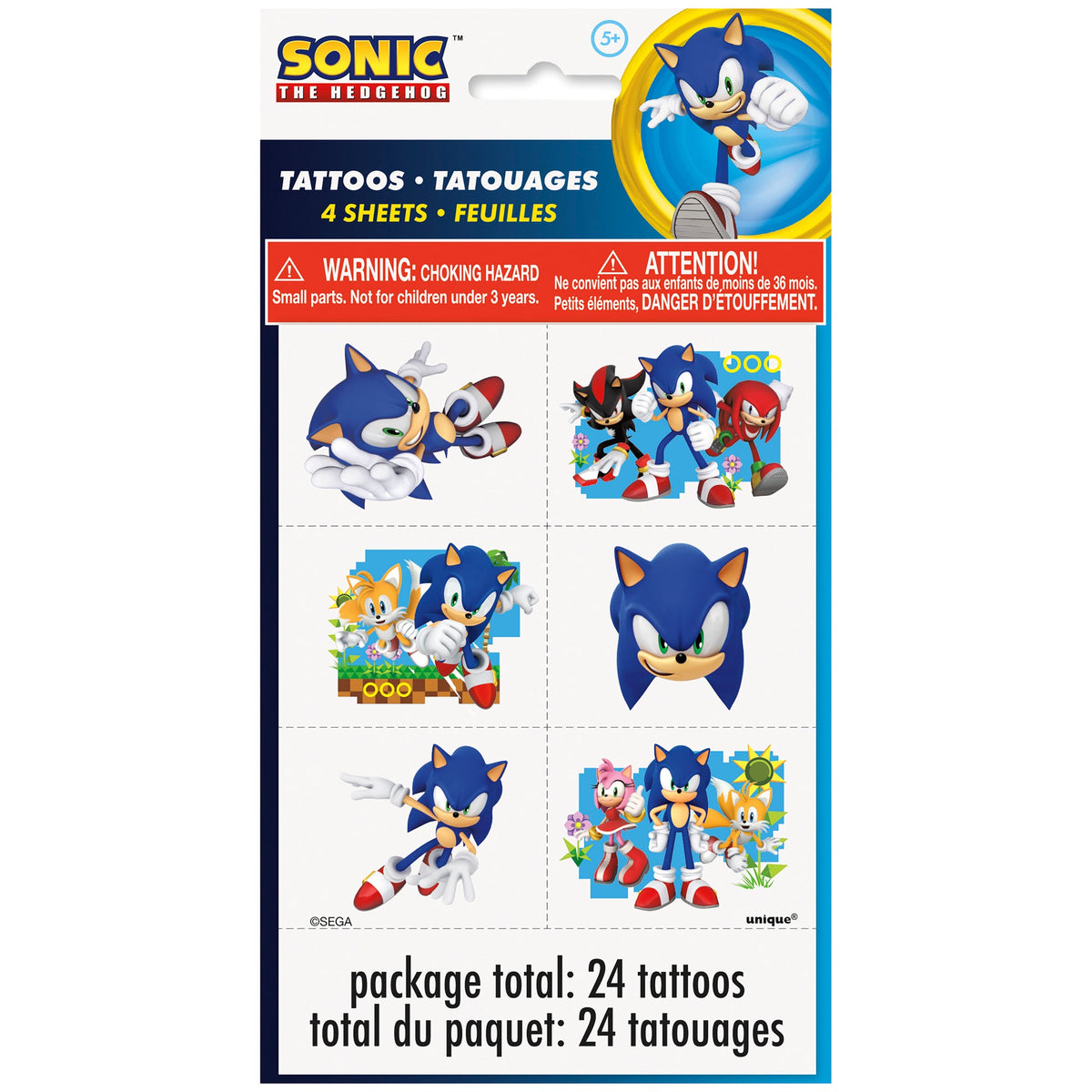 UNIQUE PARTY FAVORS Kids Birthday Sonic the Hedgehog Tattoo Sheets, 4 Sheets, 24 Count 011179218660