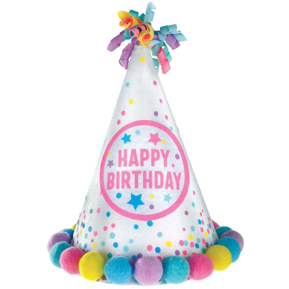 AMSCAN CA General Birthday Pastel Party Pom Pom Cone Hat, 8 1/4 x 6 1/4 Inches, 1 Count 192937375006