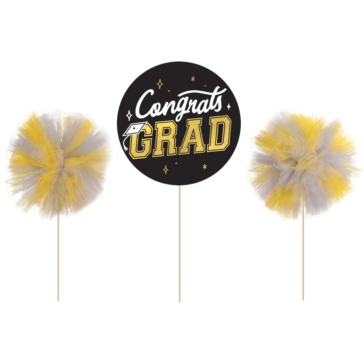 AMSCAN CA Graduation Graduation Centrepiece Pom Pom Sticks, 3 Count