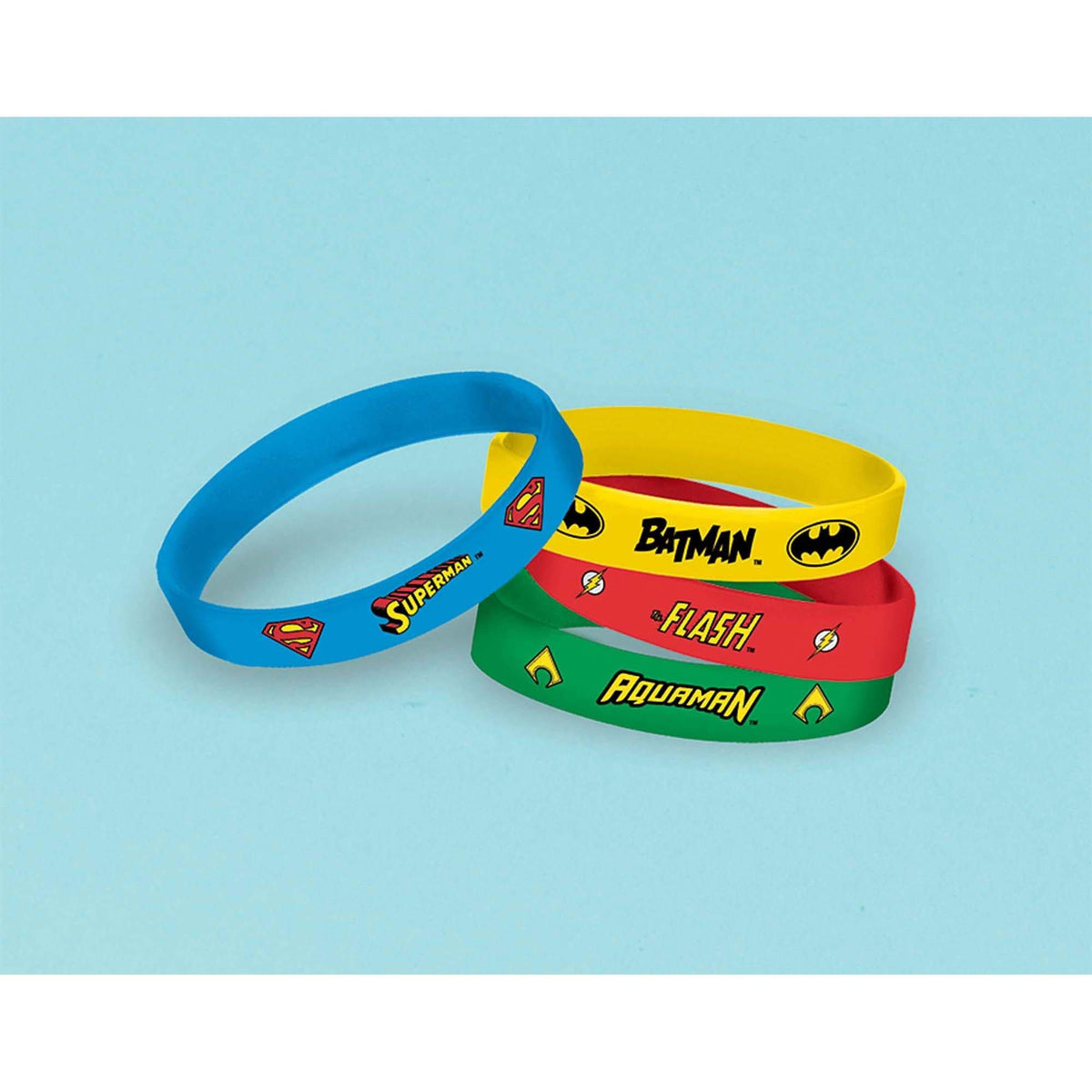 Buy Kids Birthday Justice League rubber bracelets, 4 per package sold at Party Expert