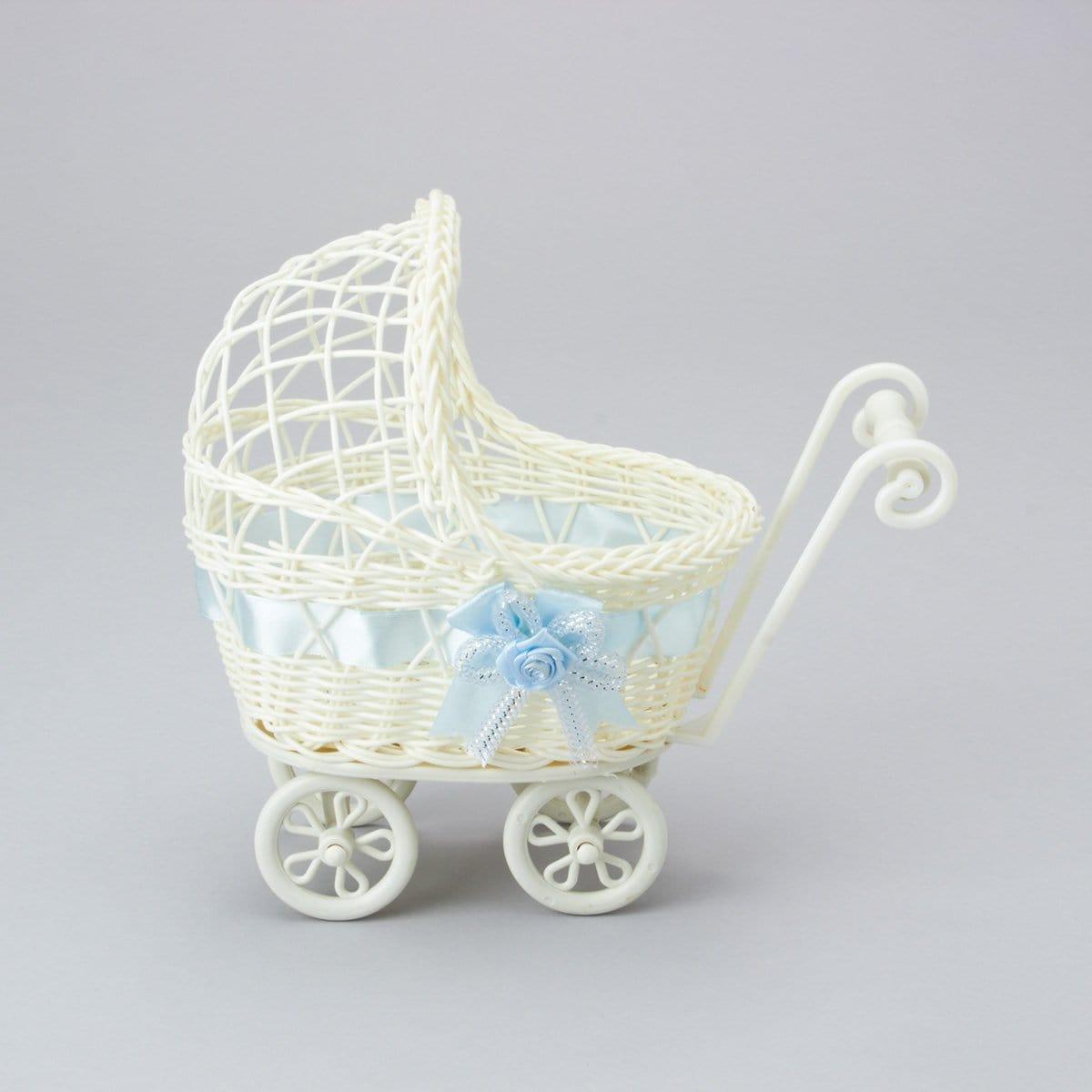 Buy Baby Shower Small white wicker baby carriage centerpiece with blue ribbon sold at Party Expert