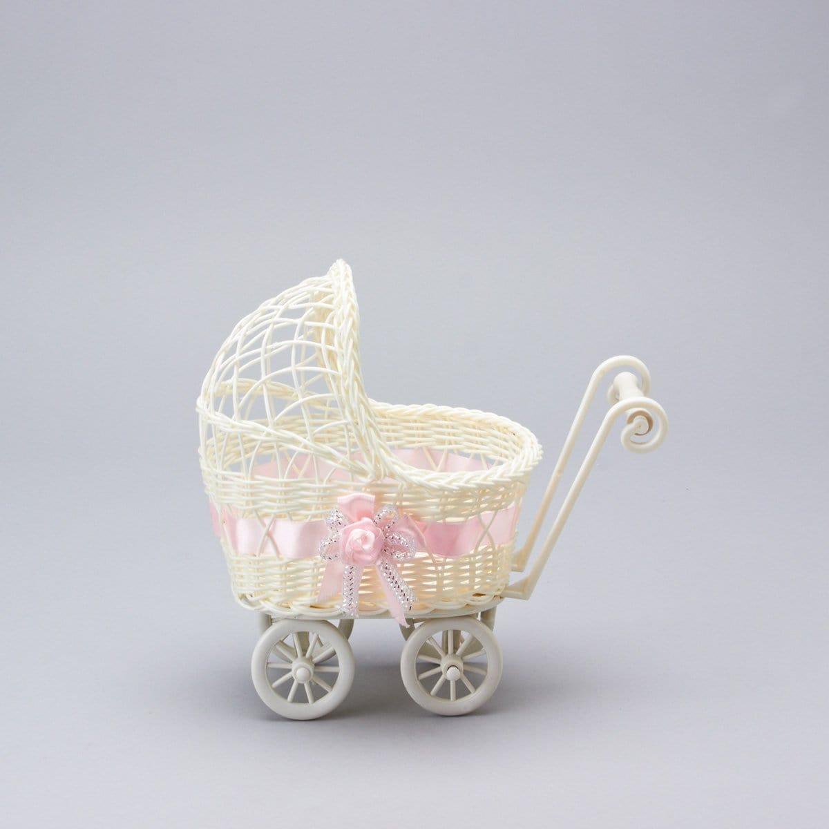 Buy Baby Shower Small white wicker baby carriage centerpiece with pink ribbon sold at Party Expert