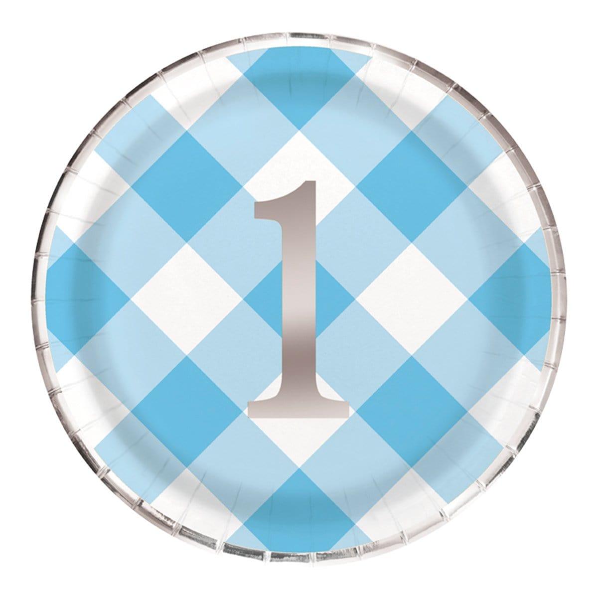 Buy 1st Birthday Blue Gingham Paper Plates 9 Inches, 8 Counts sold at Party Expert