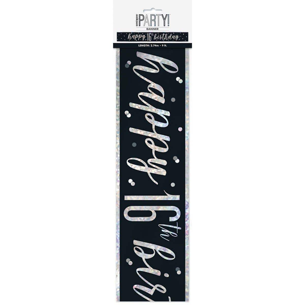 Buy Age Specific Birthday Happy Birthday Black/Silver - Foil Banner - 16th sold at Party Expert