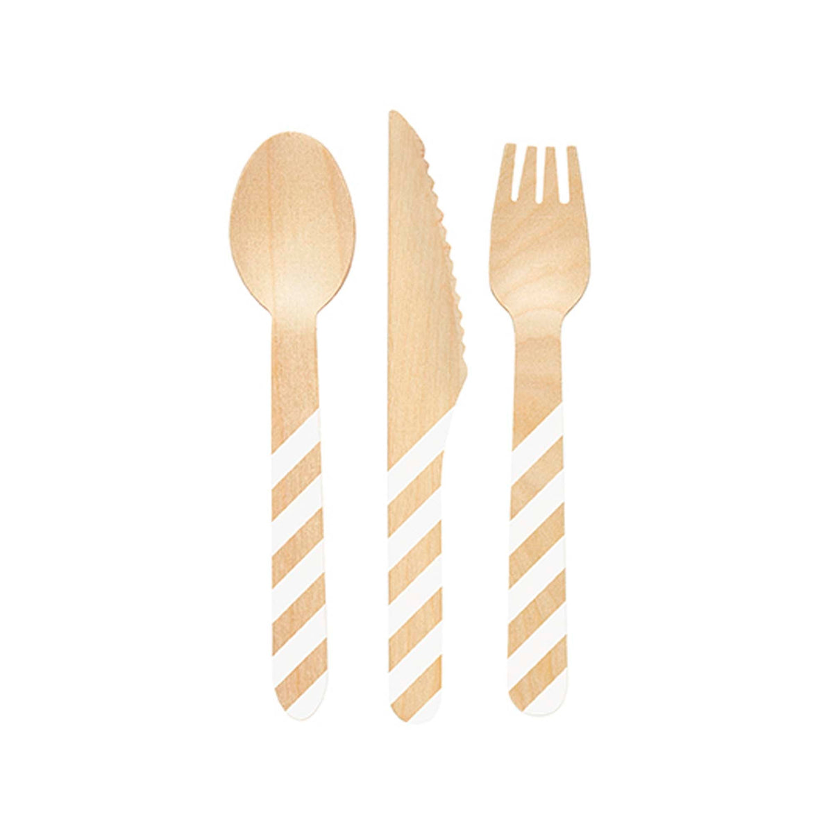 UNIQUE PARTY FAVORS Disposable-Plasticware Wooden Cutlery Set, White Stripes, 12 Count 011179758845