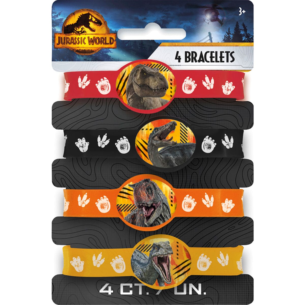 UNIQUE PARTY FAVORS Kids Birthday Jurassic World Silicon Strechy Bracelets, Red, Black, Yellow and Orange, 4 Count